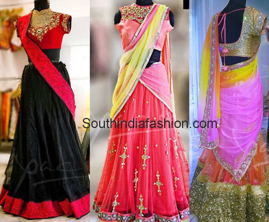 Half+Saree+Designers+in+Hyderabad Trendy designer half sarees teamed up with embellished stylish blouses ...