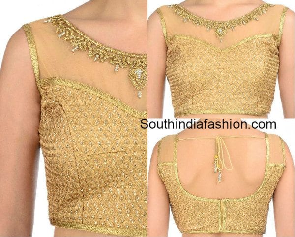 featuring brocade neck blouse golden  women Boat borders lace designs brocade for transparent  blouse in gold and