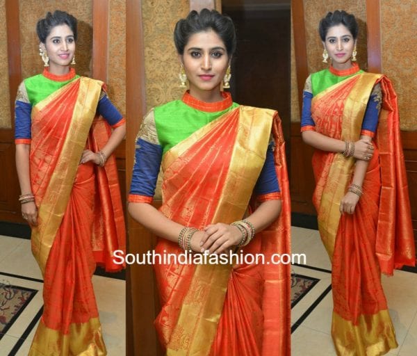 shamili-kanjeevaram-saree-high-neck-blouse