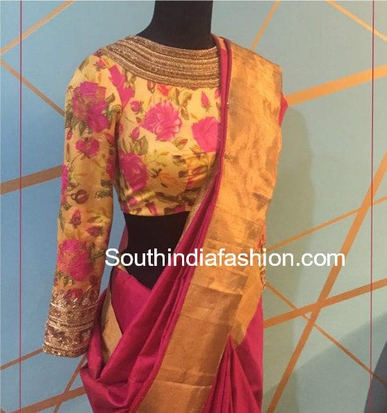 floral print blouse design for pattu silk sarees