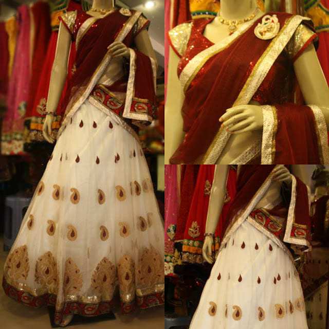 White and Maroon Half Saree by Sony Reddy – South India Fashion