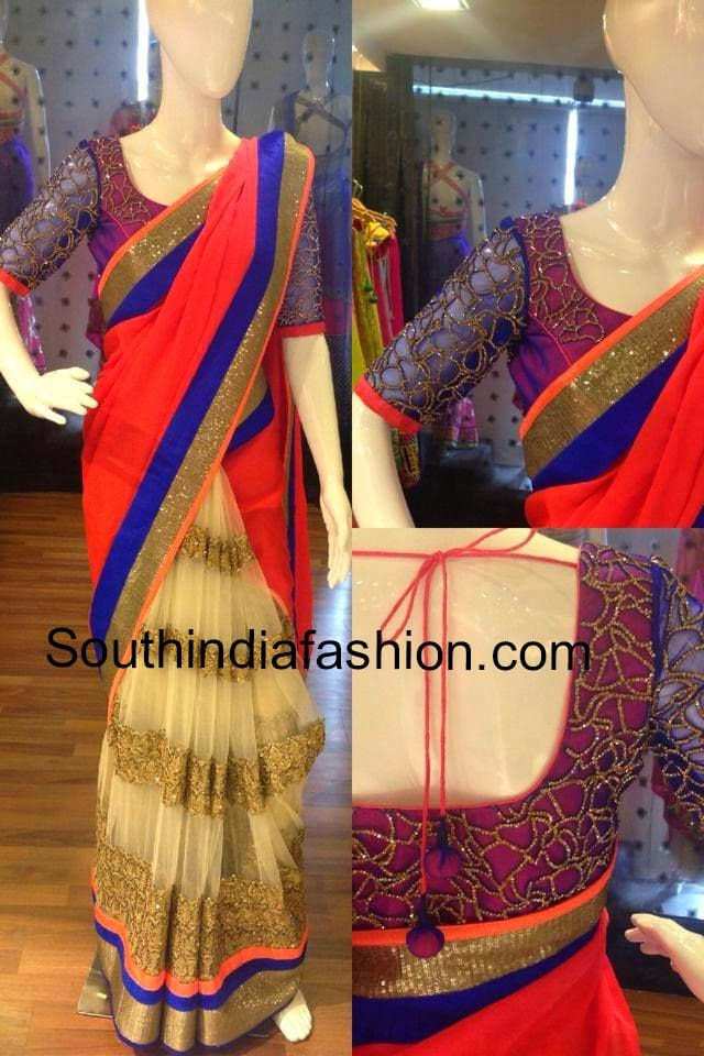 Half And Half Saree With Designer Blouse South India Fashion