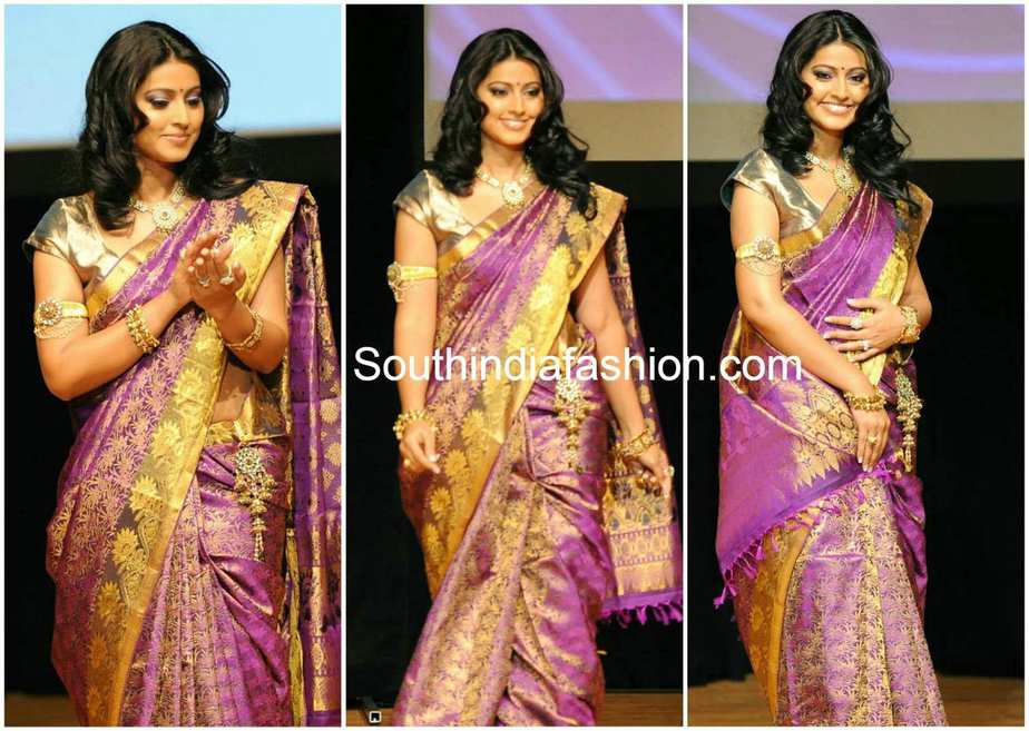 Sneha In Lavender Kanjeevaram Saree South India Fashion