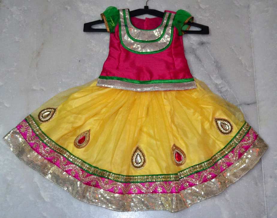 Kids Lehenga: Girls Offwhite Sequence Choli With Yellow Brocade Lehenga |  Perfect Panache