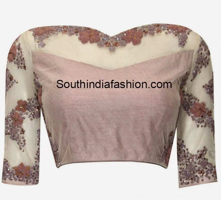Boat Neck Blouse with Net Sleeves and Neckline â€