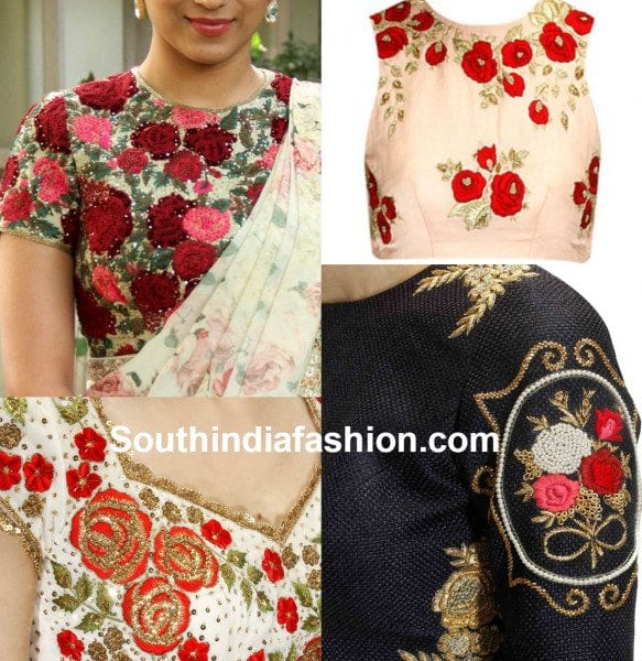 Blouse Designs with Floral Embroidery South India Fashion