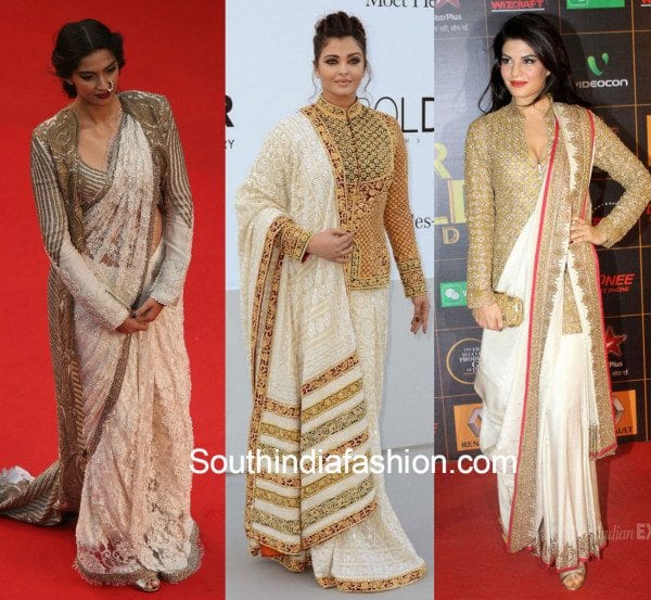 celebs in jacket style saree blouse