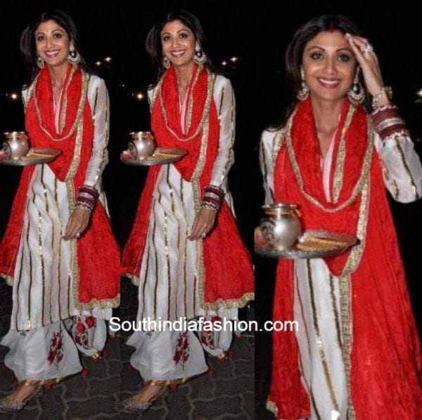 Shilpa Shetty in white and red salwar suit at karva chauth