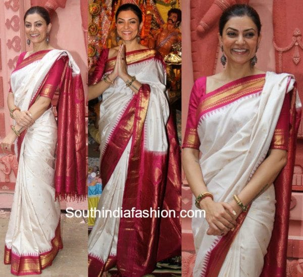 Sushmita Sen in white and red kanjeevaram at Durga Puja