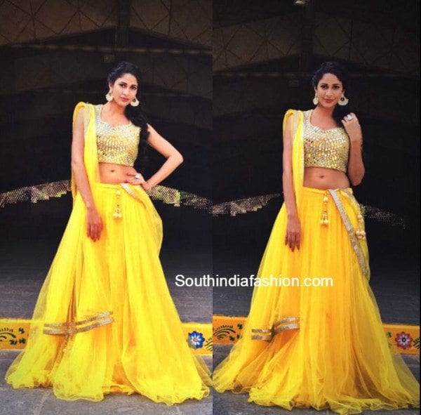 lavanya tripathi in yellow neerus mirror work lehenga