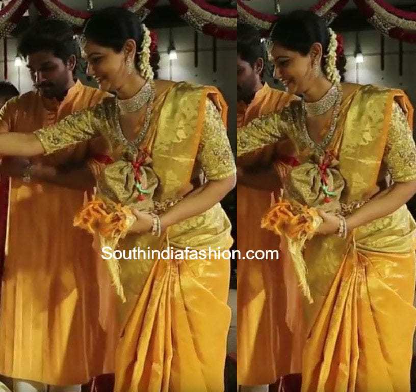 Sneha Reddy in a Gold Kanjeevaram Saree – South India Fashion