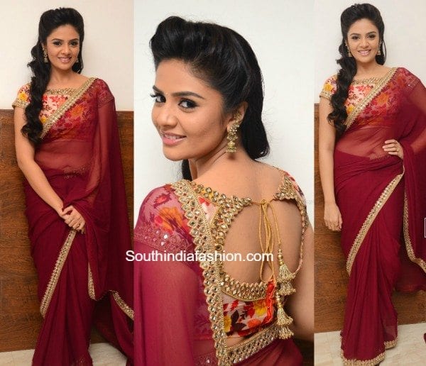 srimukhi_maroon_saree_pellichoopulu_audio_launch