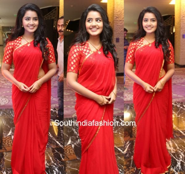 anupama-parameshwaran-red-saree-satamanam-bhavati-success-meet