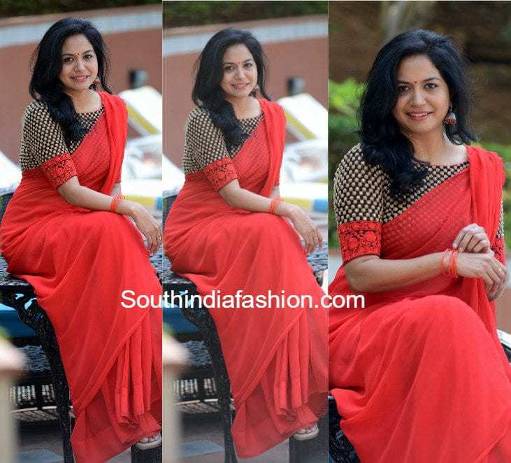 red plain saree with designer blouse