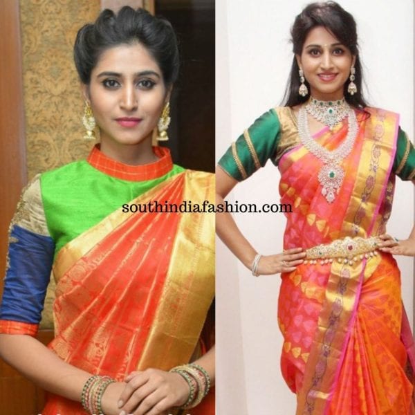 Add Color To Orange Kanjeevaram Sarees With These Four Contrast Blouse ...