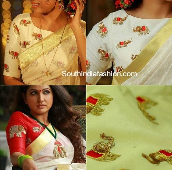 elephant motif embroidered blouse designs for wedding silk bridal sarees