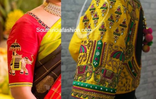 elephant motif embroidered blouse designs for wedding silk bridal sarees