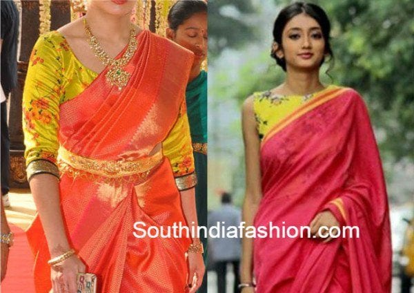 floral print blouse design for pattu silk sarees