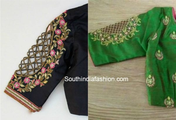 pattu saree blouse designs with cut work sleeves