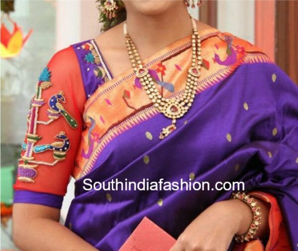 peacock embroidered blouse designs fro silk sarees