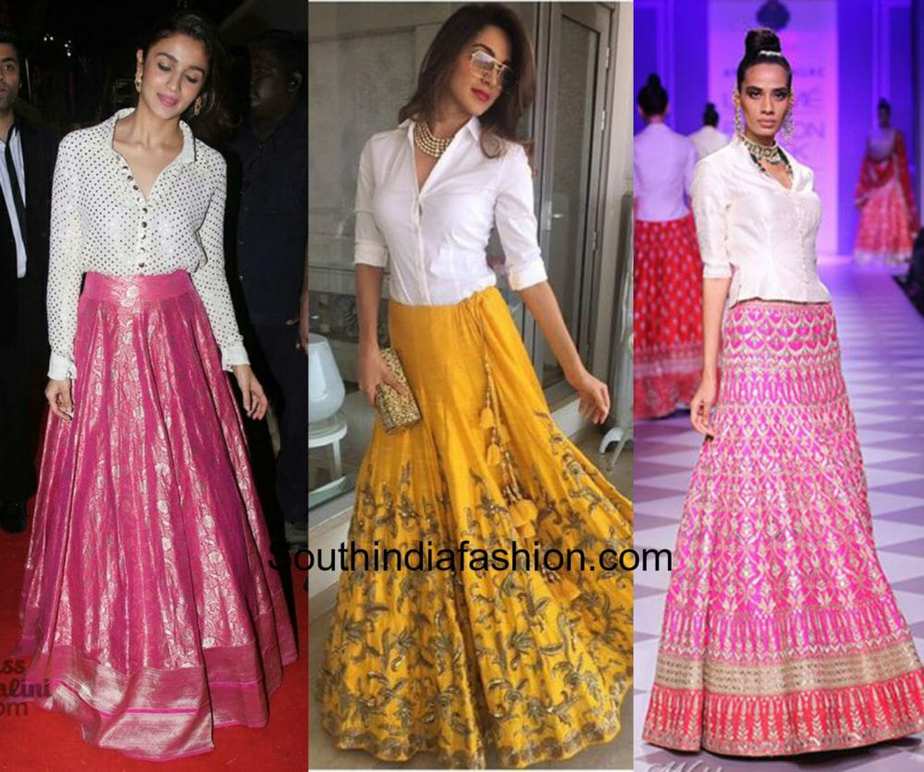 White overlap shirt with blue hand embroidered lehenga – Neha Sharma Label