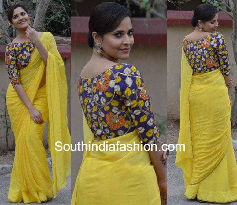 anasuya-plain-saree-kalamkari-blouse