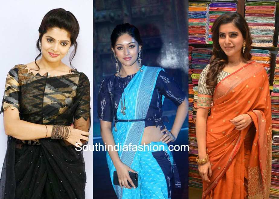 Plain saree with ikkat blouse Clearance