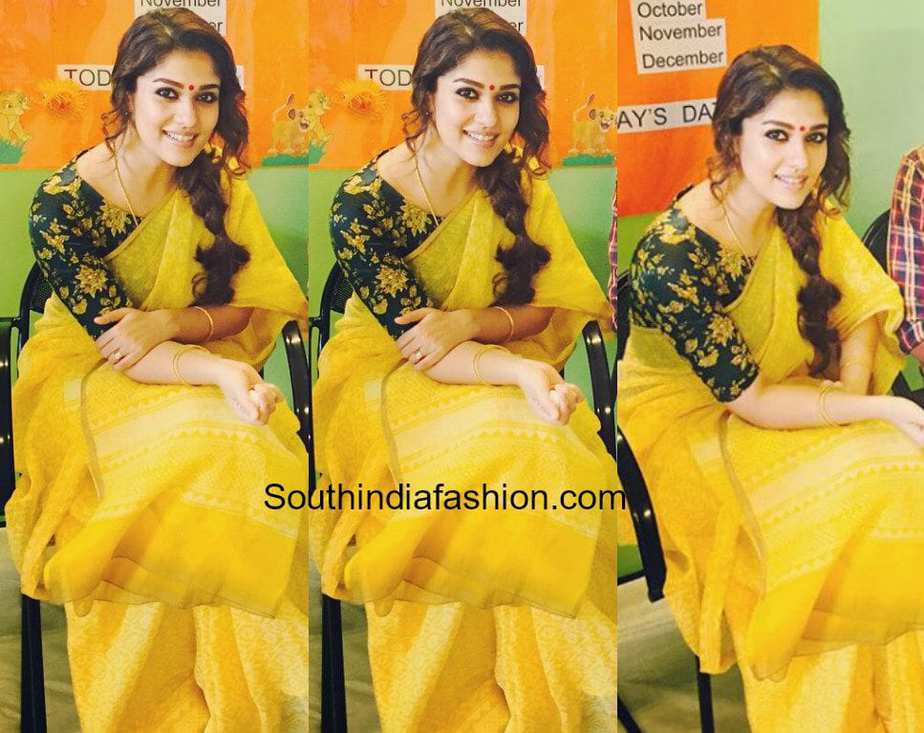 nayanthara yellow saree floral blouse