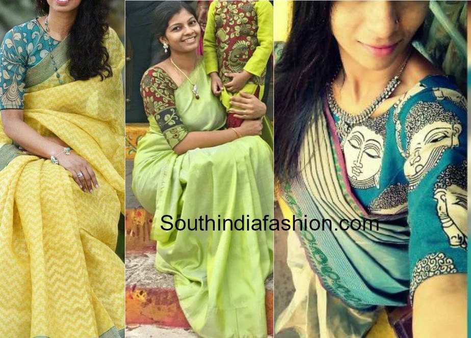 plain saree Kalamkari blouse