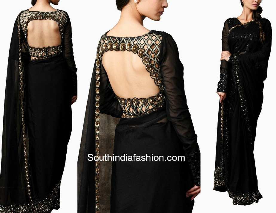 black plain saree with designer blouse