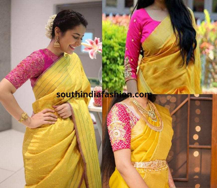 plain yellow saree with designer blouse