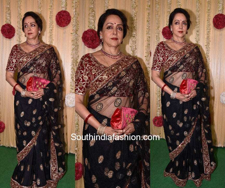 Hema Malini in a black and gold saree at Ekta Kapoor's Diwali party