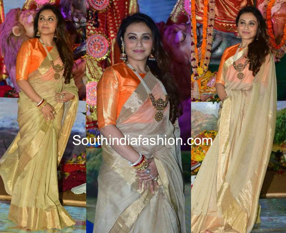 rani mukherjee cream saree orange blouse