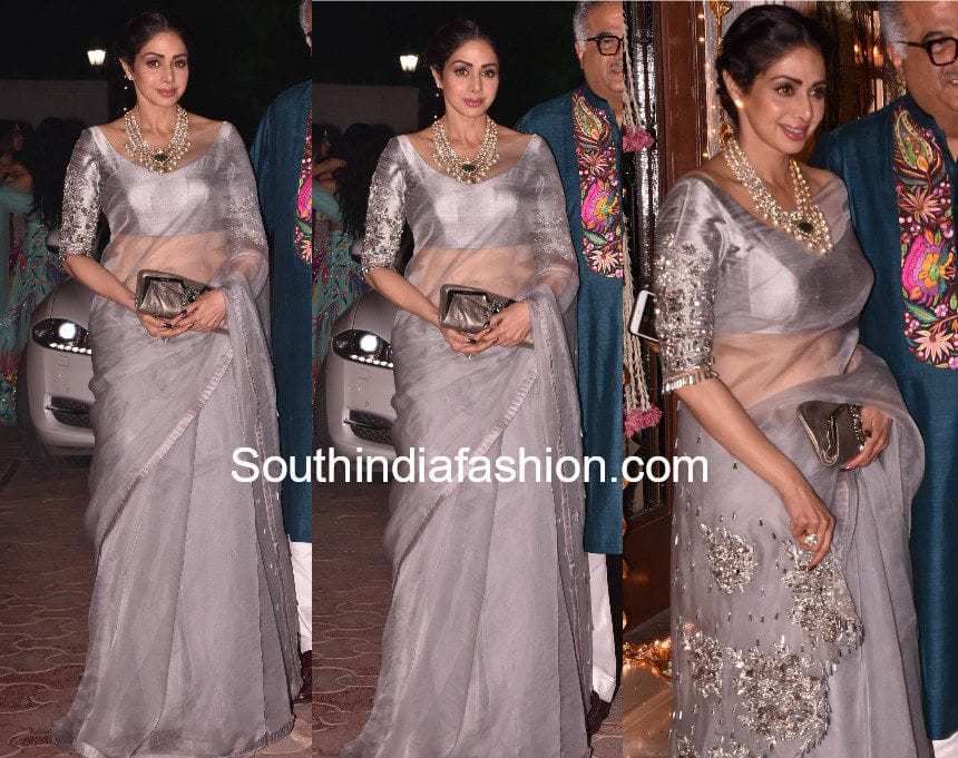 sridevi kapoor in grey saree by manish malhotra at shilpa shetty and aamir khan diwali parties