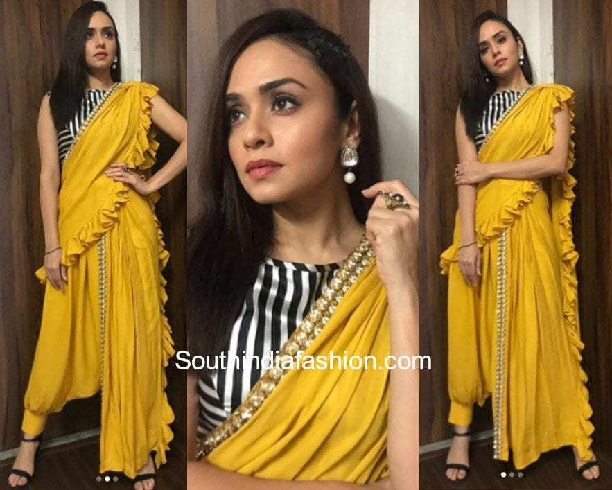 Amruta Khanvilkar in a dhoti saree by Sonam Parmar