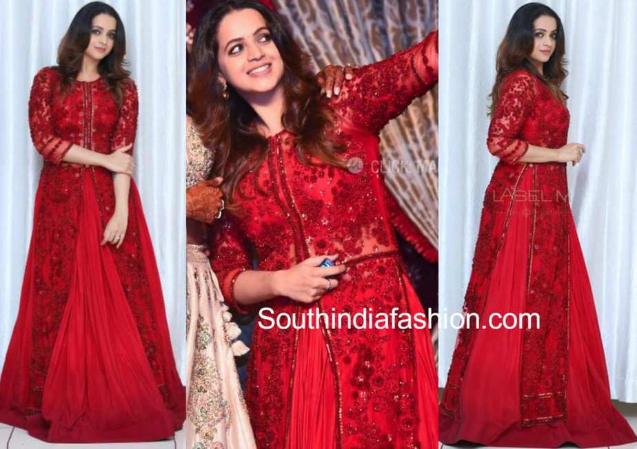 bhavana red jacket lehenga Monica Lal's Engagement Ceremony