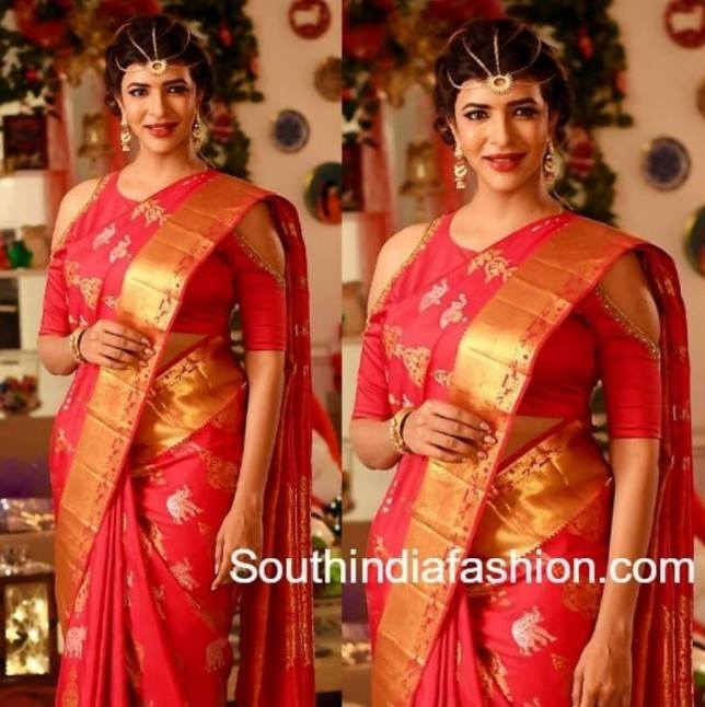 Cold shoulder blouse with pattu saree