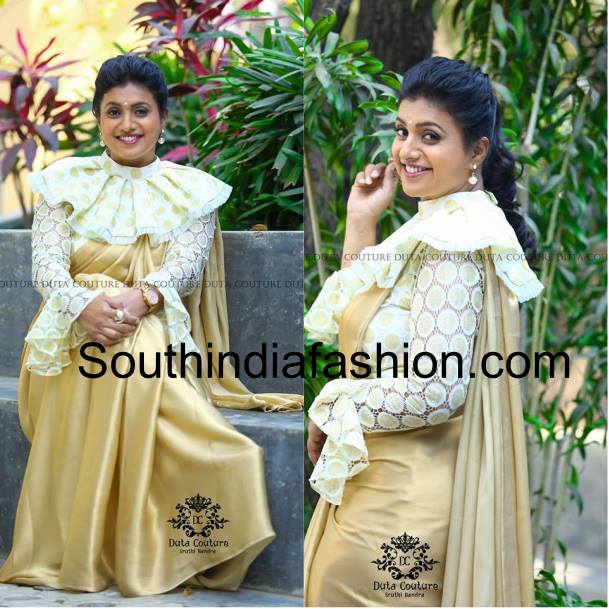 Roja in beige saree and cape blouse