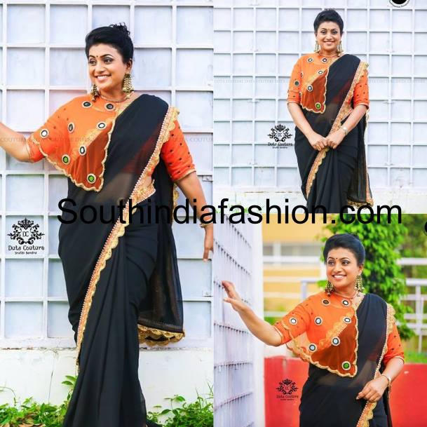 Roja in black saree orange cape blouse