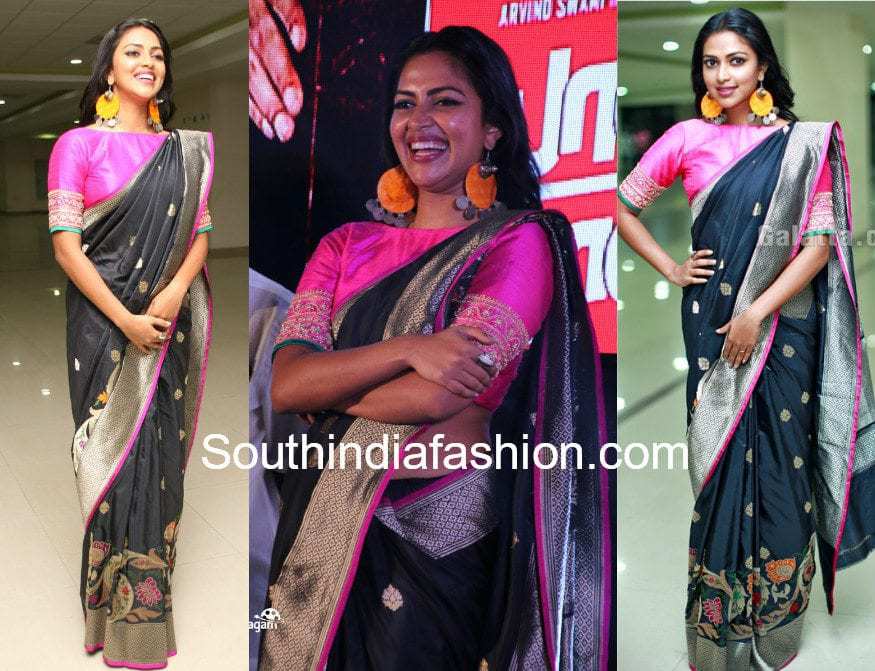 amala paul black silk saree baskar oru rascal audio launch amala paul black saree pink blouse baskar oru rascal audio launch