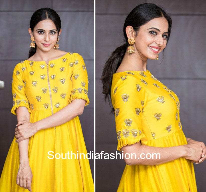 rakul preet singh yellow gown raarandoi veduka choodham