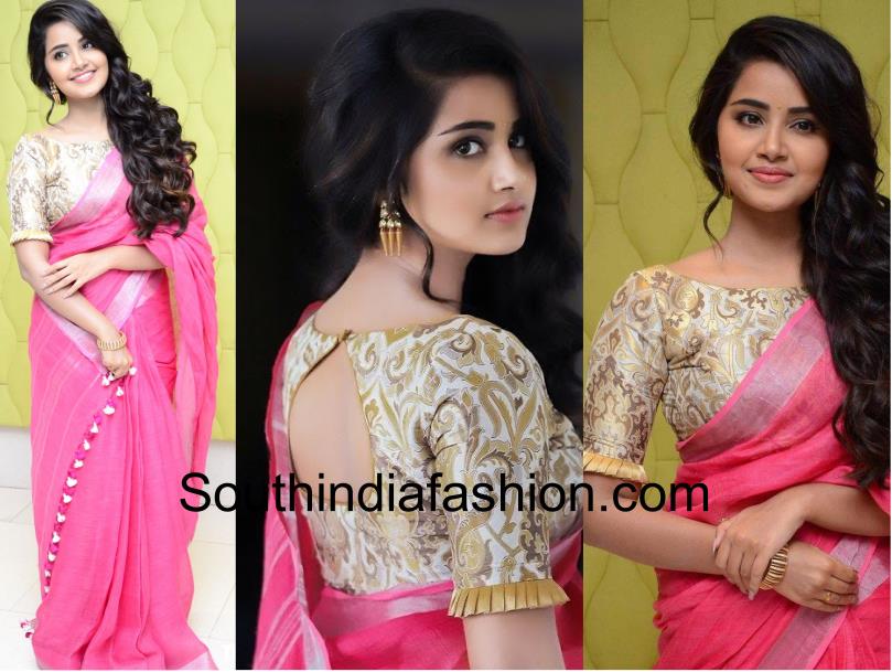 Simple pink saree and designer blouse