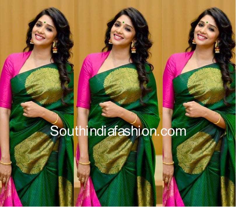 Beautiful green coloured saree and pink coloured blouse