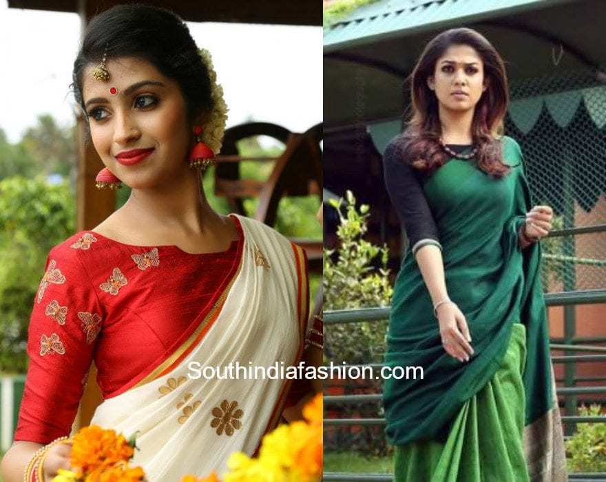 Simple High Neck Elbow Sleeves Blouse Designs South India Fashion