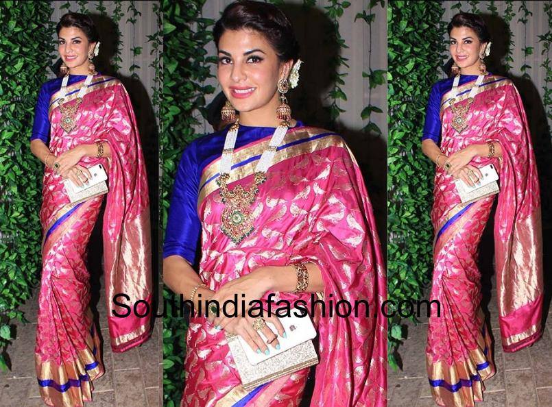 Pink saree and violet blouse