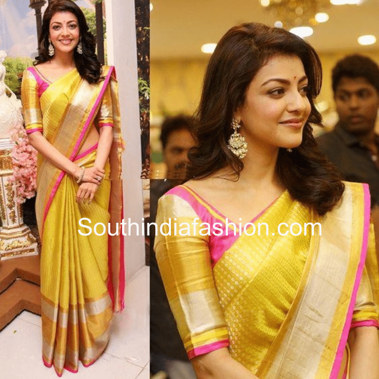 Kajal in yellow saree pink blouse