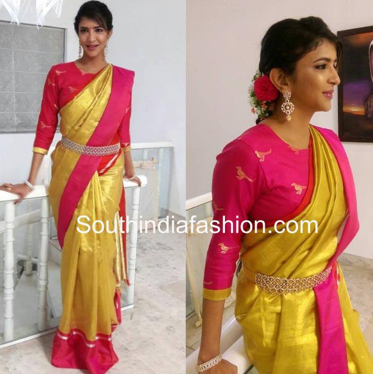 Lakshmi in yellow saree and pink blouse