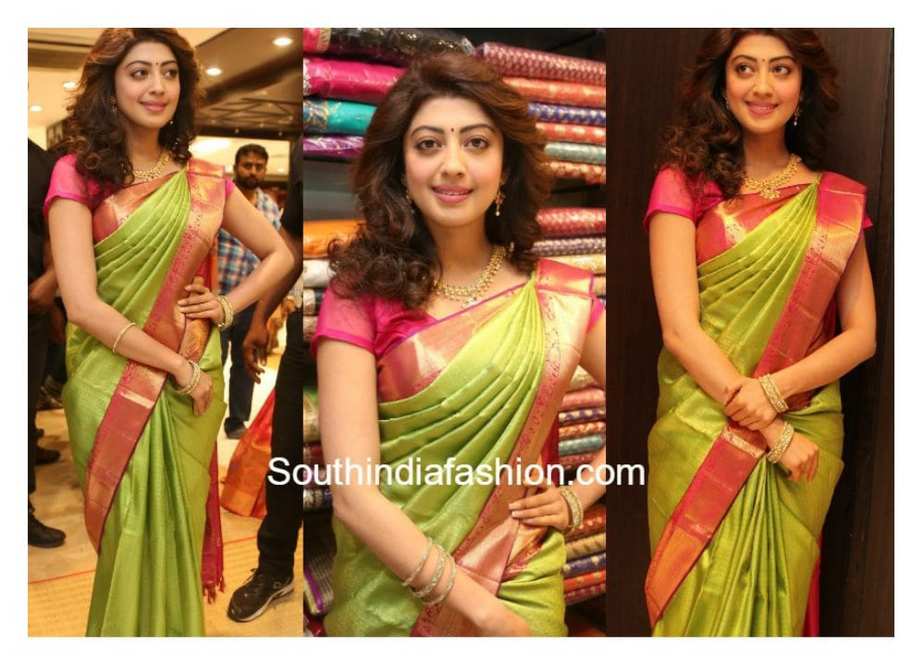 Praneetha in green saree and pink blouse