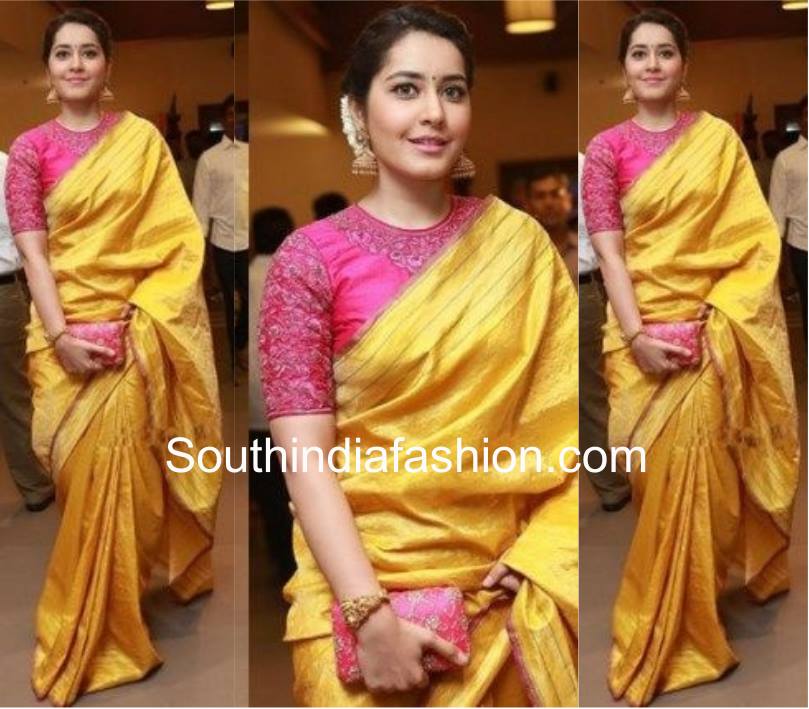 Raashi in yellow saree and pink blouse