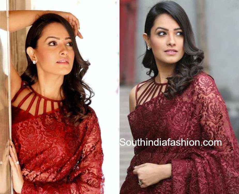 anita hassanandani maroon saree window blouse